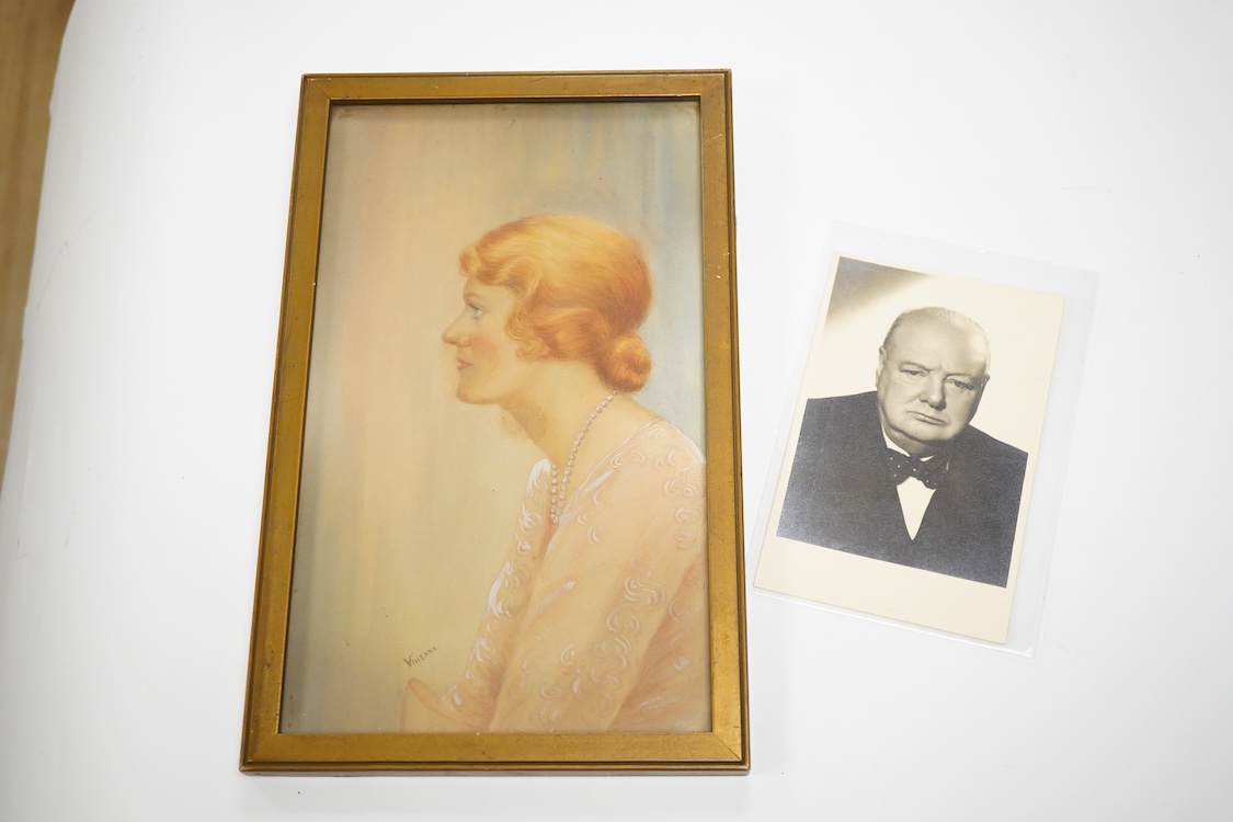 Four 20th century black and white agency photographs of Winston Churchill, together with a watercolour of Vera C.Clark by Vivian Entwistle